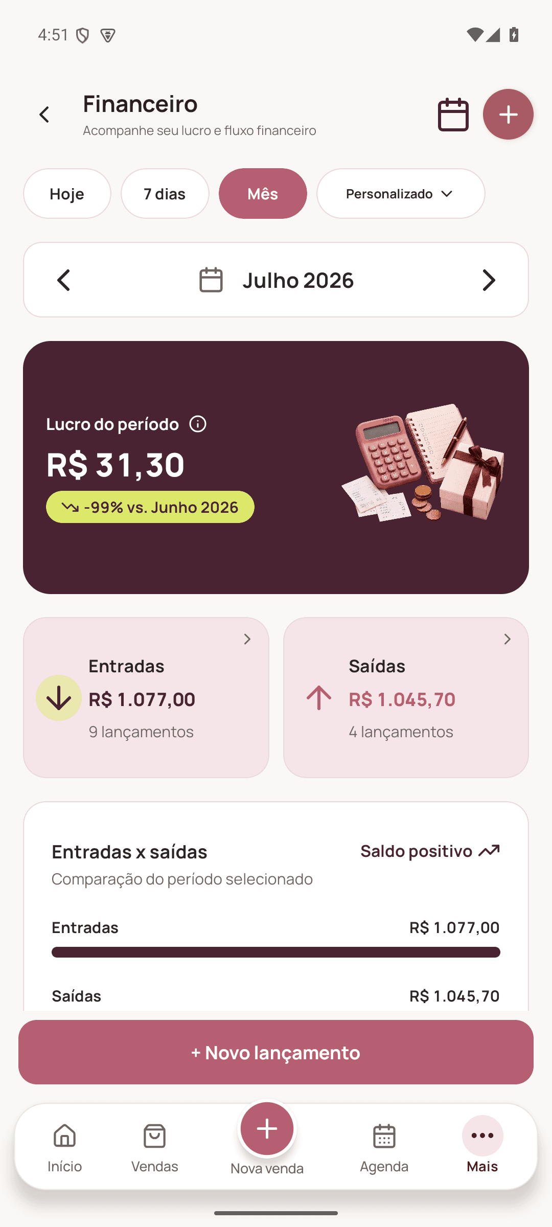 Tela financeira do Lucro Caseiro com lucro, entradas e saídas do mês